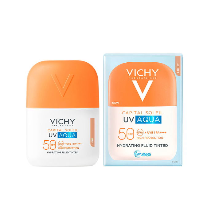 Vichy Capital Soleil UV Aqua Fluido Facial Hidratante con Color SPF50+ Tono Light 50 ml - Protector Solar de Alta Protección para Piel Mixta o Grasa