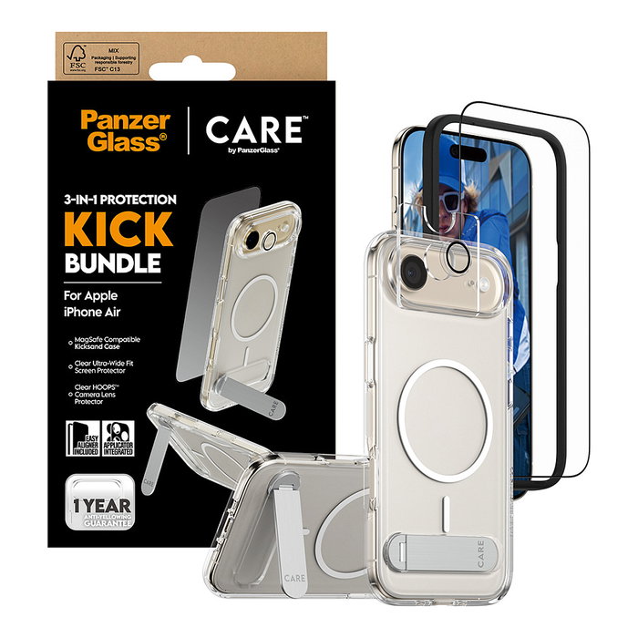 PanzerGlass Protector de Pantalla CARE by 3-en-1 para iPhone Air, Vidrio Templado Resistente a Golpes y Rayones, Incluye Kit de Instalación y Limpieza