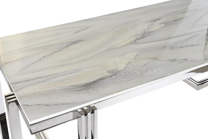 DKD Home Decor Mesa Comedor Moderno Plateado Blanco Acero Cristal 180 x 90 x 76 cm DKD Home Decor Mesa Comedor Moderno Plateado Blanco Acero Cristal 180 x 90 x 76 cm