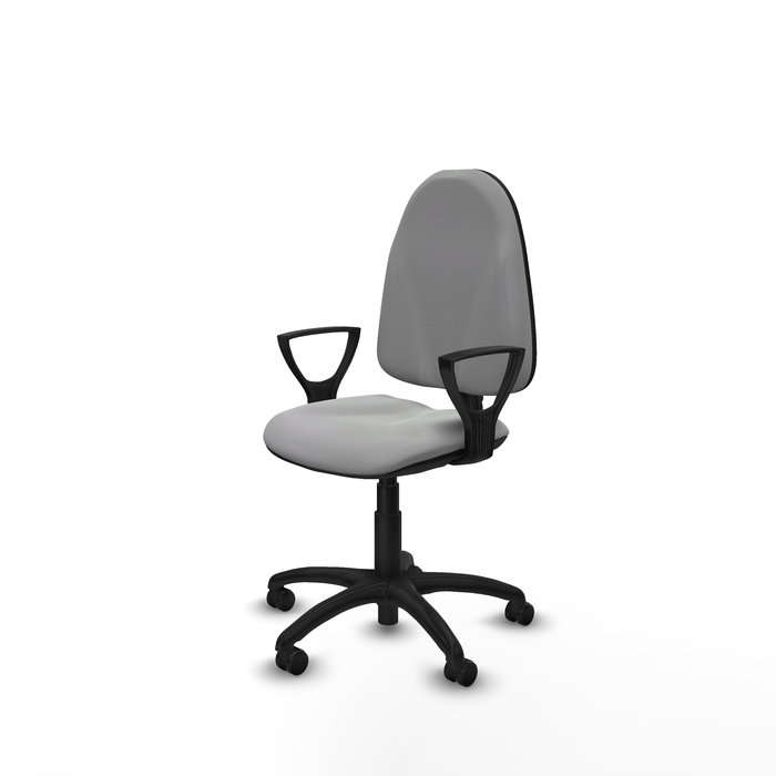 Silla de oficina Algarra con mecanismo Contacto permanente básico tapizada con Similpiel color Gris claro. Equipada con Base poliamida negra, Brazos fijos y Ruedas de parqué
