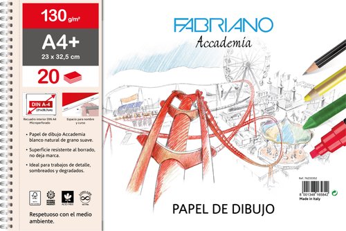 Fabriano Accademia Bloc de Dibujo con Espiral Liso con Recuadro A4+ 130g 20h Fabriano Accademia Bloc de Dibujo con Espiral Liso con Recuadro A4+ 130g 20h
