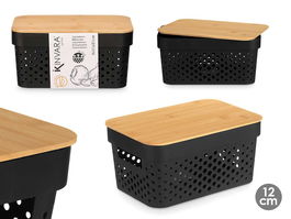 Kinvara Caja Multiusos Perforada Tapa Bambú Plástico PP Plástico Bambú Negra 26x17.5x12.5 cm (Set de 8)