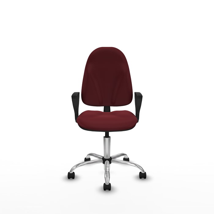Silla de oficina Algarra con mecanismo Contacto permanente básico tapizada con Similpiel color Granate. Equipada con Base cromada, Brazos fijos y Ruedas de nailon 50 mm
