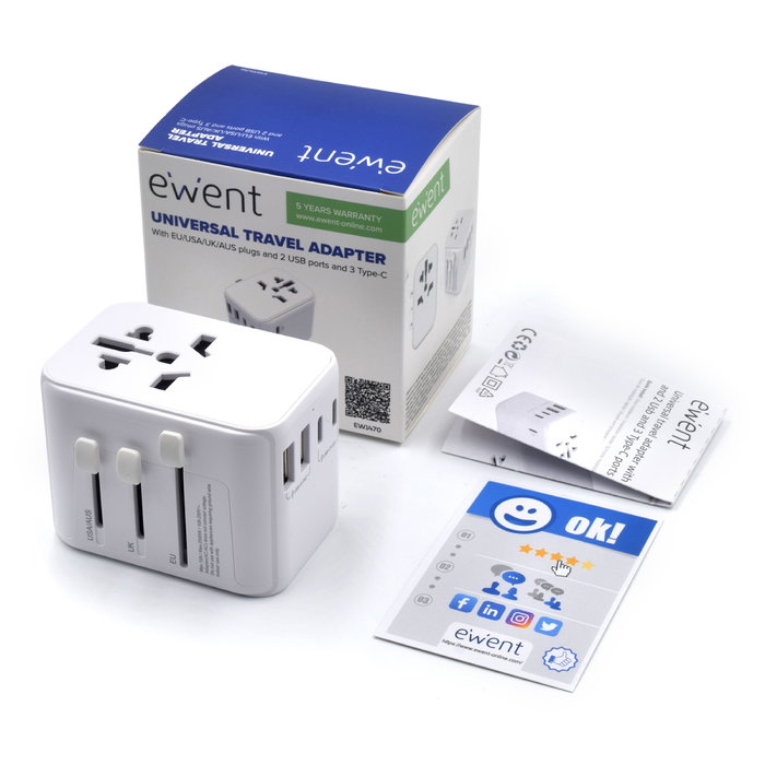 Ewent EW1470 Adaptador de Viaje Universal con Enchufes EU/USA/UK/AUS, 2 Puertos USB y 3 Puertos Tipo-C para Cargar Múltiples Dispositivos