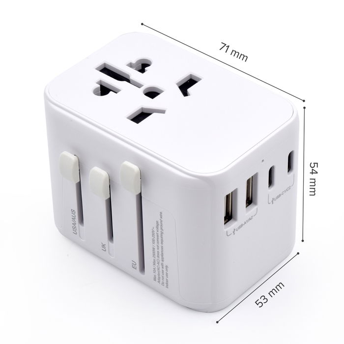 Ewent EW1470 Adaptador de Viaje Universal con Enchufes EU/USA/UK/AUS, 2 Puertos USB y 3 Puertos Tipo-C para Cargar Múltiples Dispositivos