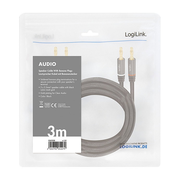 LogiLink Cable de audio 2x2 Clavija banana, Metal, Negro, 3 m