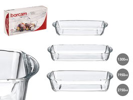 Pasabahce Set 3 Bandejas Rectangulares Borcam 1300ml + 1950ml + 2750ml (34.5x19.5x9cm) Vidrio Borosilicato, Apto Horno y Microondas (Set de 4)