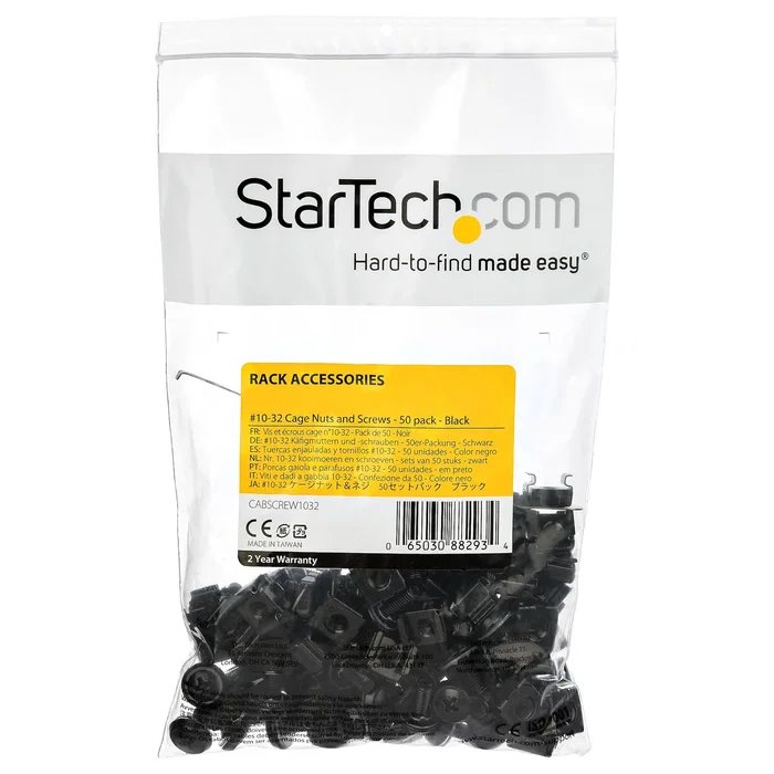 StarTech CABSCREW1032 Lote de 50 Tornillos y Tuercas Jaula 10-32 para Montaje en Rack - Negro, Cumple con TAA, Incluye Herramienta
