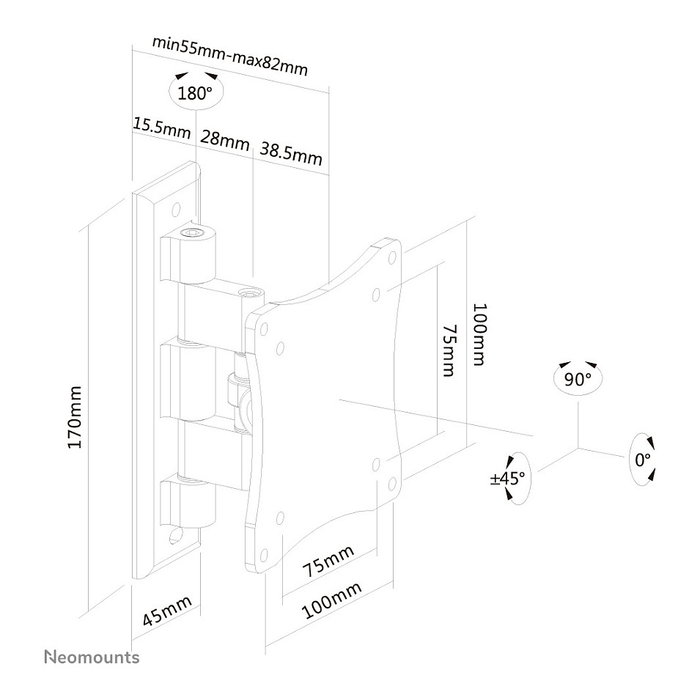 Neomounts FPMA-W810 Soporte de Pared con Movimiento Completo para Monitor/TV LCD/LED de 10 a 27 Pulgadas (25-68 cm), VESA 75/100, Inclinación y Giro, Plata