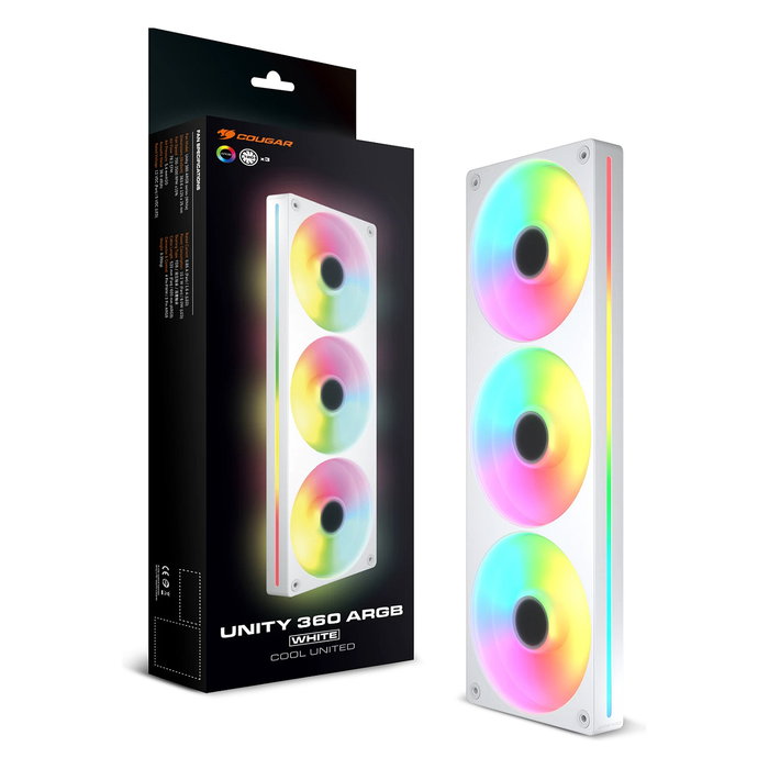 Cougar CF-UN360RW-RGB Unity360 Kit 3 Ventiladores 360mm ARGB PWM Reverso, 12 cm, Blanco