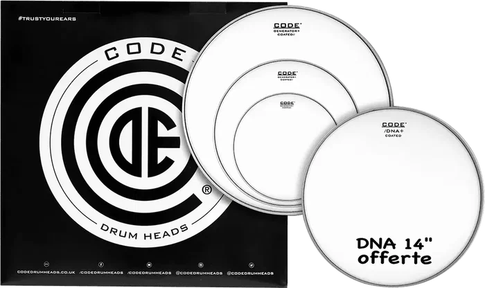 CODE Generator Parche de Batería Blanco Rugoso Tom Pack Rock/American Fusion (10,12,16" + DNA 14") - Para Directo o Estudio, Sonido Abierto y Controlado