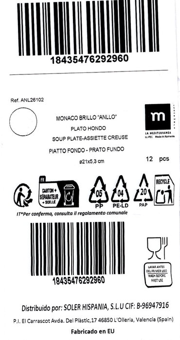 La Mediterranea Plato Hondo Anllo Monaco Brillo 21cm de 12 unidades