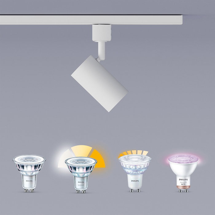 Philips Zilo Easylink - Foco GU10 Orientable para Riel 3 Cables, Compatible con Bombillas LED Inteligentes/Clásicas, Aluminio, Blanco, 220-240V, Ø55x138mm
