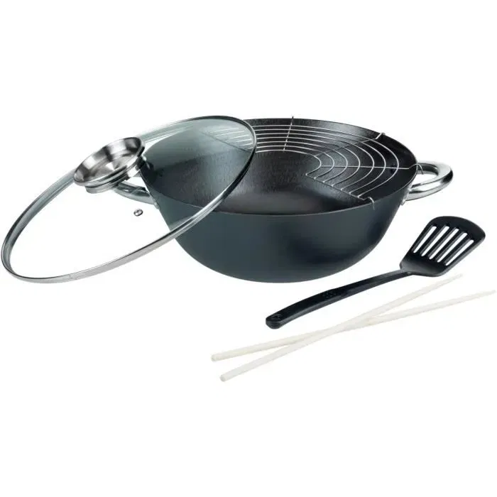 GSW 860956 Wok Multifunción de 5 Piezas, Acero Fundido, 32 cm, Apto para Todo Tipo de Fuegos Incluida Inducción