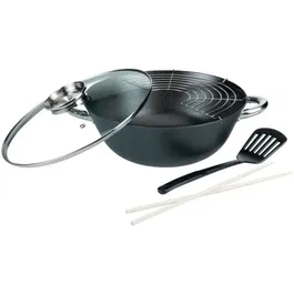 GSW 860956 Wok Multifunción de 5 Piezas, Acero Fundido, 32 cm, Apto para Todo Tipo de Fuegos Incluida Inducción