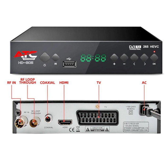 ATC Receptor TDT ATC205 HD 1080p H.265 con USB para Grabación, EPG 7 Días, Timeshift, Control Remoto, Plug & Play, Negro