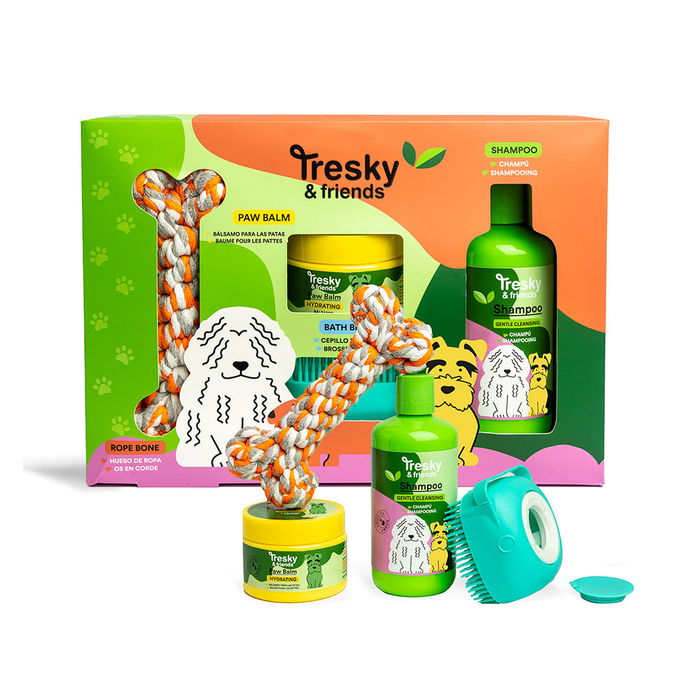 Tresky & Friends Estuche Limpieza Mascota Kit 4 Piezas Champú Té Verde Bálsamo Manzanilla Cepillo Juguete Hueso