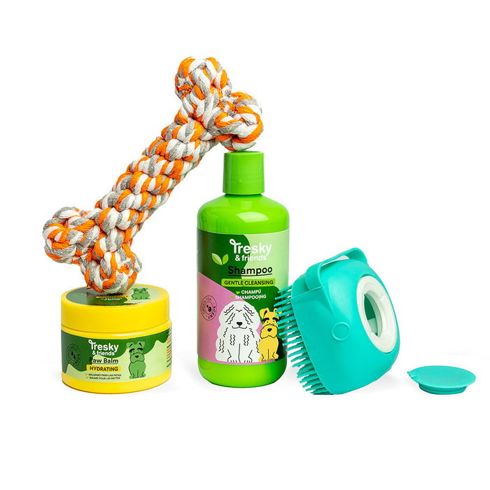 Tresky & Friends Estuche Limpieza Mascota Kit 4 Piezas Champú Té Verde Bálsamo Manzanilla Cepillo Juguete Hueso