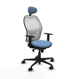 Silla de oficina Jorquera con mecanismo Sincro tapizada con Tela color Azul cielo y malla color Blanco. Equipada con lumbar 1D, Brazos 1D, Cabecero Fijo y Ruedas 65mm nailon