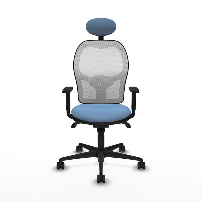 Silla de oficina Jorquera con mecanismo Sincro tapizada con Tela color Azul cielo y malla color Blanco. Equipada con lumbar 1D, Brazos 1D, Cabecero Fijo y Ruedas 65mm nailon