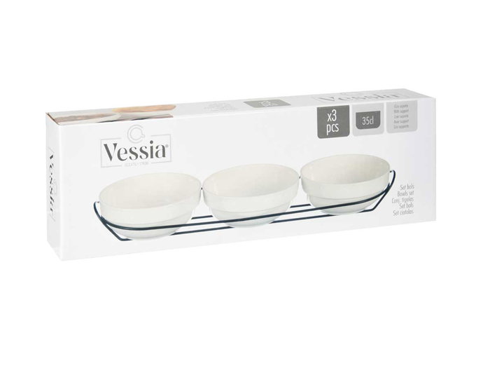 Vessia Set 3 Boles Porcelana Blanca 350ml con Soporte 40x13x7cm (Set de 12) Vessia Set 3 Boles Porcelana Blanca 350ml con Soporte 40x13x7cm (Set de 12)