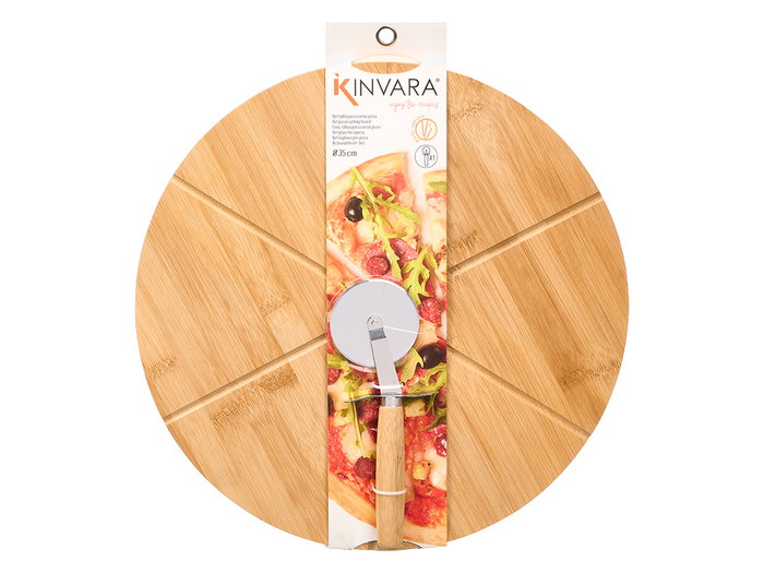 Kinvara - Set de Tabla de Bambú y Cortador de Pizza, 35 cm de Diámetro, Material Natural y Metal, Dimensiones 38x35x3.5 cm, Tabla para Servir y Cortar (Set de 8)