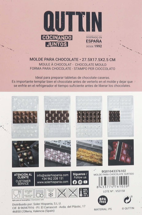 Quttin Molde Para Chocolate Surtido 17.5 cm Ancho x 2.5 cm Alto x 27.5 cm Largo (12 Unidades)