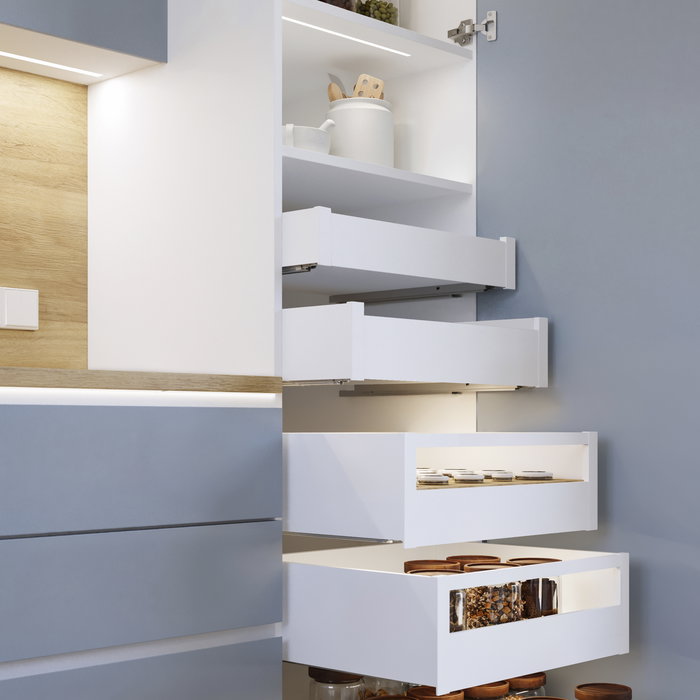 Emuca Cajón exterior Protone 30kg con guías de extracción total y cierre suave, Altura 93mm, profundidad 450mm, Acero, Pintado blanco