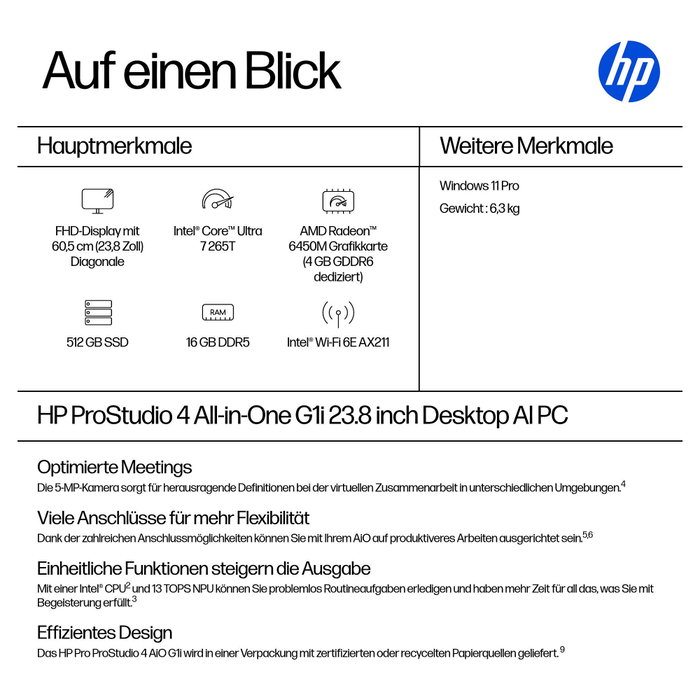 HP Pro Studio 4 AiO Intel Core Ultra 7 265T 23,8 pulg FHD 16GB 512GB SSD W11P