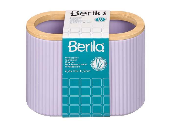Berilo Portacepillos Rayas Doble Bambú Lila Plástico y Bambú 6.6x10.2x13 cm (Set de 24)