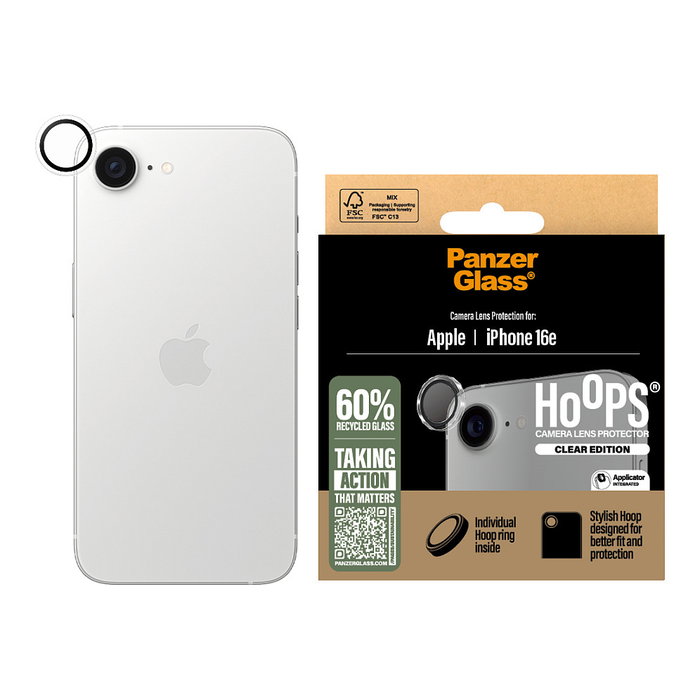 PanzerGlass Protector de Lente de Cámara Hoops para iPhone 16e | 1 Pieza, Cristal Templado, Aplicación Fácil, Transparente, Resistente a Golpes y Rayones, 40 x 40 mm