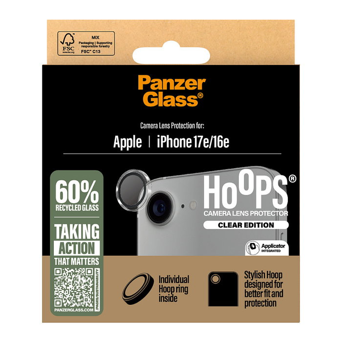 PanzerGlass Protector de Lente de Cámara Hoops para iPhone 16e | 1 Pieza, Cristal Templado, Aplicación Fácil, Transparente, Resistente a Golpes y Rayones, 40 x 40 mm