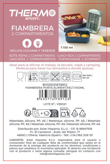 Inde Fiambrera Porta Alimentos Rectangular 1100ml 21.5x12.5x8 cm (12 Unidades)