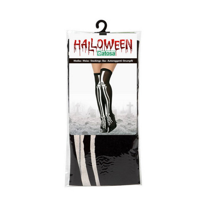 Medias para Disfraz de Halloween Mujer - Medias Negras con Diseño de Huesos Blancos - Adulto