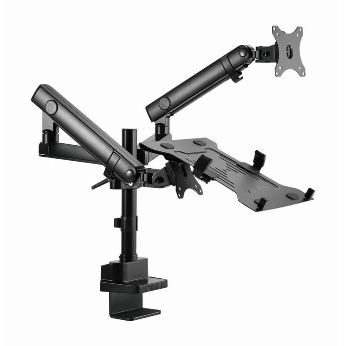Brazo de monitor regulable para escritorio con plataforma para notebook