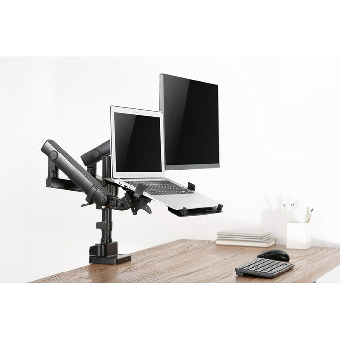 Brazo de monitor regulable para escritorio con plataforma para notebook