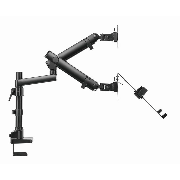 Brazo de monitor regulable para escritorio con plataforma para notebook