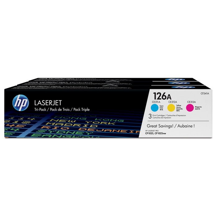 HP 126A CF341A Multipack de 3 Cartuchos de Tóner (Cian, Magenta, Amarillo) HP 126A CF341A Multipack de 3 Cartuchos de Tóner (Cian, Magenta, Amarillo)