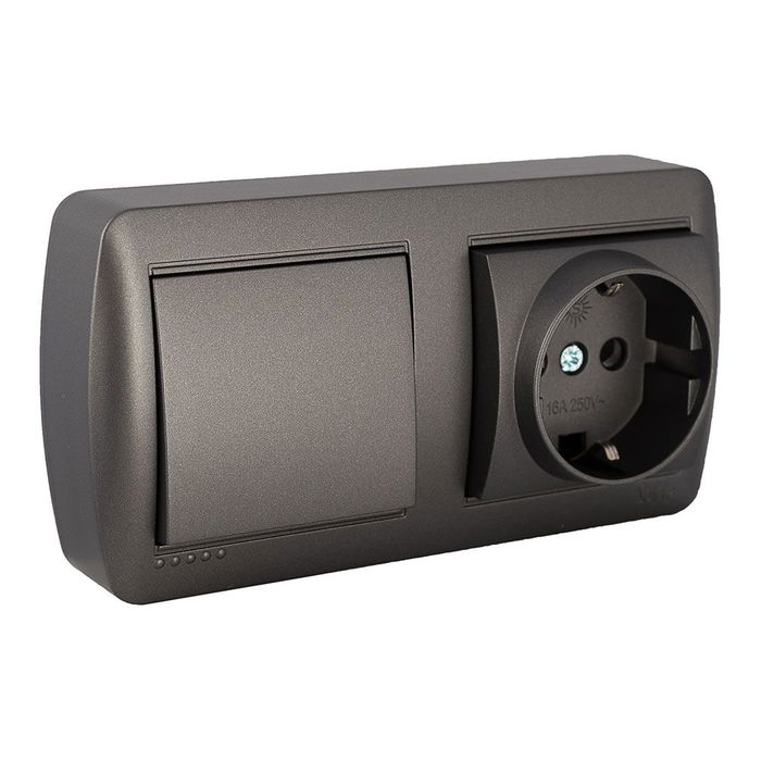 Solera Base fija 2p+t 16A 250V~ + Conmutador de cruce 10AX 250V~ de Superficie Serie Mural Color Grafito Solera Base fija 2p+t 16A 250V~ + Conmutador de cruce 10AX 250V~ de Superficie Serie Mural Color Grafito