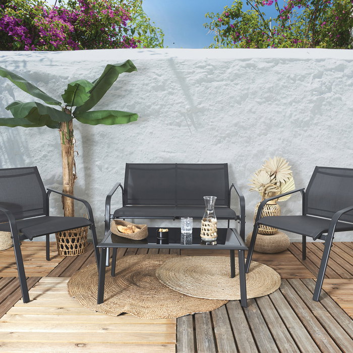 Home Deco Factory Naxos Conjunto Jardín de 4 Piezas con Mesa de Vidrio y Sillas de Hierro Home Deco Factory Naxos Conjunto Jardín de 4 Piezas con Mesa de Vidrio y Sillas de Hierro