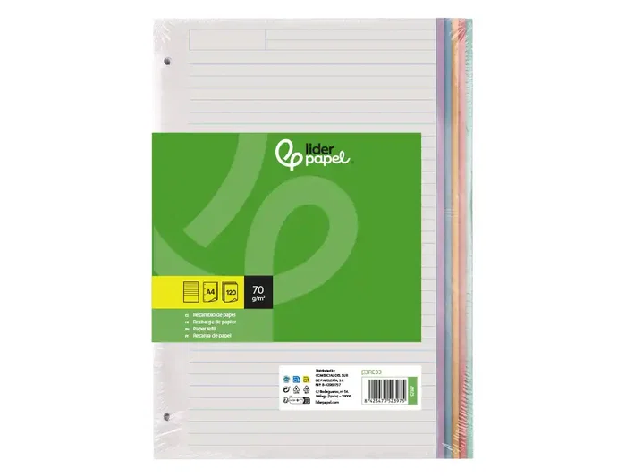 Liderpapel Recambio para carpeta A5 120 hojas 70 g/m², 4 taladros, sin márgenes, bandas de 5 colores, impresión horizontal