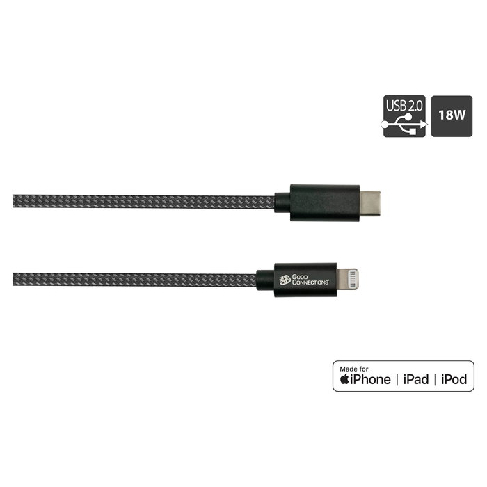 GoodConnections Cable USB-C a Lightning 0.5 m Textil Negro 18W Carga Rápida Compatible con iPhone iPad Modelo 2510-CL005S