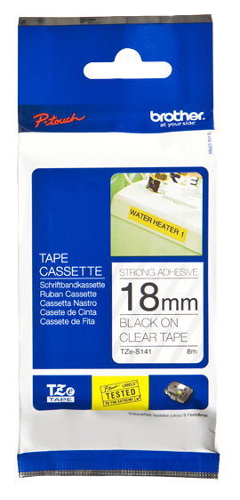 Brother TZe-S141 Cinta Rotuladora Laminada Negro sobre Transparente 18 mm x 8 m