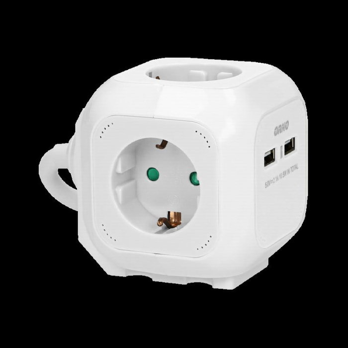 ORNO Orae13144(GS)/W Alargadera Eléctrica, 1.4 Metros con 4 Tomas Schuko y 2 Puertos USB para Carga de Móviles, Color Blanco