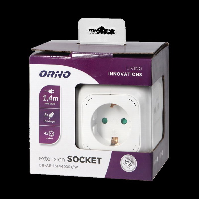 ORNO Orae13144(GS)/W Alargadera Eléctrica, 1.4 Metros con 4 Tomas Schuko y 2 Puertos USB para Carga de Móviles, Color Blanco