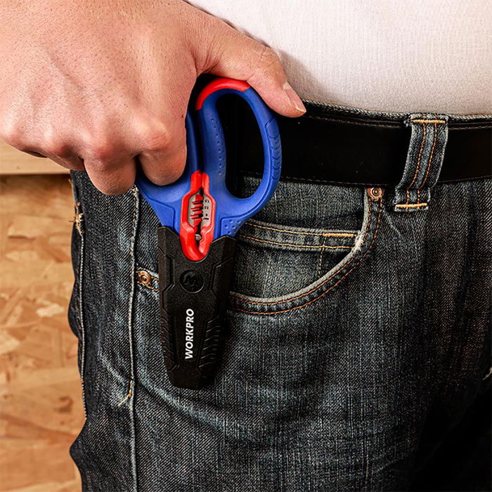 Workpro Tijeras de Electricista Acero Inoxidable con Ranuras Pelacables y Crimpado, Azul/Rojo, 167 x 80 x 28 mm