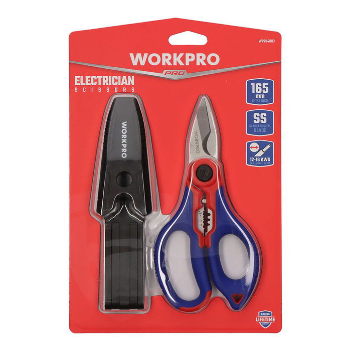 Workpro Tijeras de Electricista Acero Inoxidable con Ranuras Pelacables y Crimpado, Azul/Rojo, 167 x 80 x 28 mm