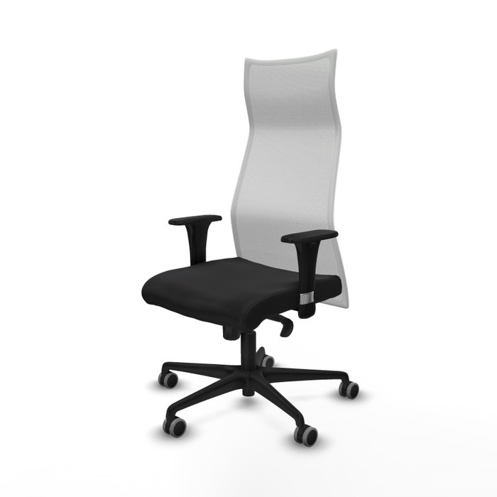 Sillón Albacete con mecanismo Sincro tapizada con Similpiel color Negro y malla color Blanco. Equipado con Base nailon negra, Brazos 1D y Ruedas 65 mm parqué Sillón Albacete con mecanismo Sincro tapizada con Similpiel color Negro y malla color Blanco. Equipado con Base nailon negra, Brazos 1D y Ruedas 65 mm parqué