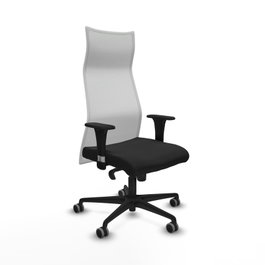 Sillón Albacete con mecanismo Sincro tapizada con Similpiel color Negro y malla color Blanco. Equipado con Base nailon negra, Brazos 1D y Ruedas 65 mm parqué