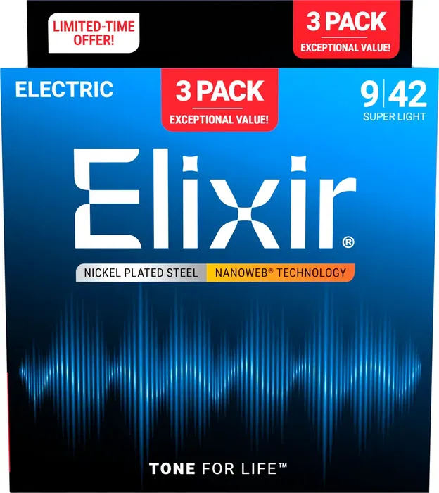 Elixir Pack 3 Cuerdas Guitarra Eléctrica Nanoweb Nickel Plated Steel Super Light 9-42